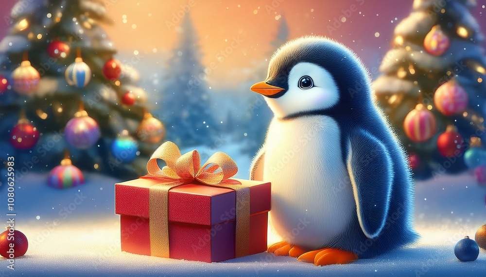 Obraz premium クリスマスツリーの前で、リボンのかかった大きなプレゼントボックスが出て驚いているペンギンの赤ちゃん。背景には、冬の雪景色と暖かい光が飾られて、全体がキラキラとしたホリデームードに包まれ