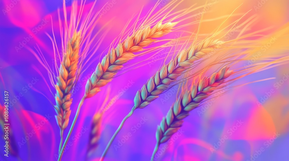 Close-up of wheat ears with neon colors and artistic lighting, creating a vibrant and dreamlike atmosphere. Close-up of wheat ears with neon colors and artistic lighting, creating a vibrant and dreamlike atmosphere.