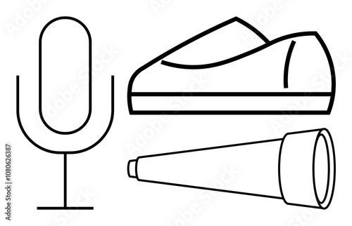 Microphone adjacent to a shoe and telescope in simplistic black line style. Ideal for creativity, communication, exploration, design, technology, minimalism, branding. Line metaphor