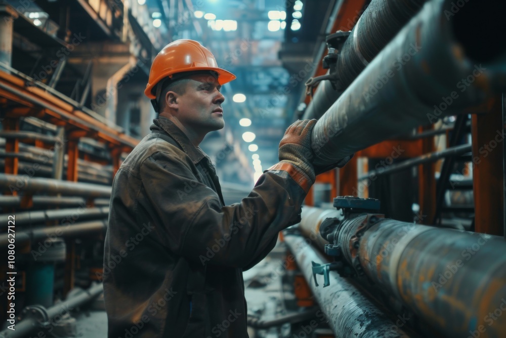 Male worker inspection at steel long pipes