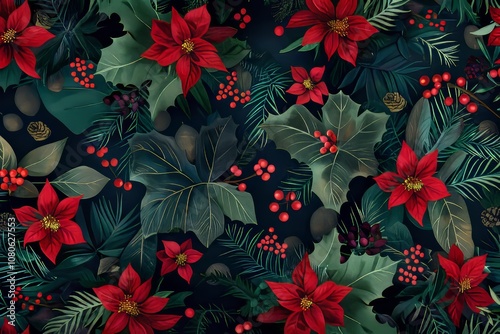 Vibrant holiday-themed background featuring red poinsettias and lush green foliage, perfect for festive and seasonal designs.