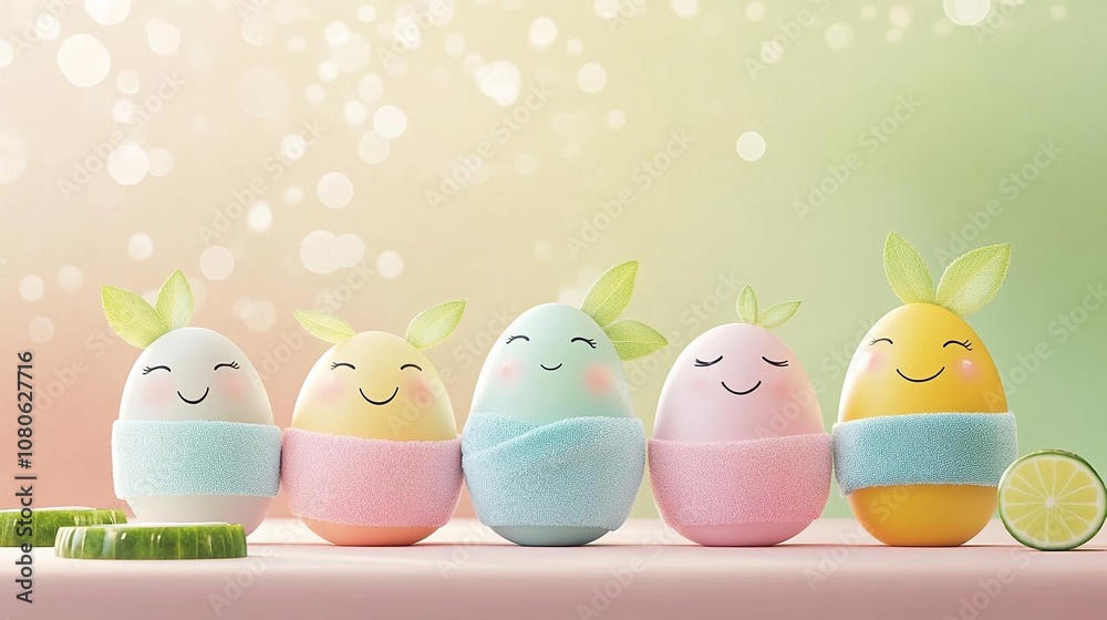 Whimsical pastel colored eggs with smiling faces, wrapped in soft towels, evoke cheerful and playful atmosphere. Perfect for Easter celebrations and springtime joy Whimsical pastel colored eggs with smiling faces, wrapped in soft towels, evoke cheerful and playful atmosphere. Perfect for Easter celebrations and springtime joy