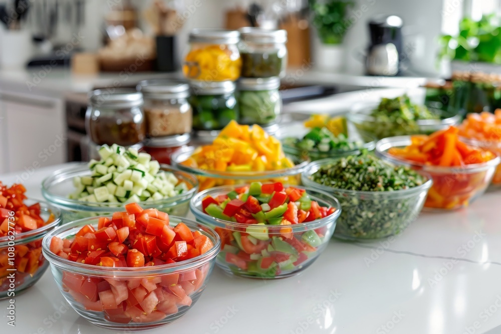 Freshly chopped vegetables displayed in clear bowls Freshly chopped vegetables displayed in clear bowls