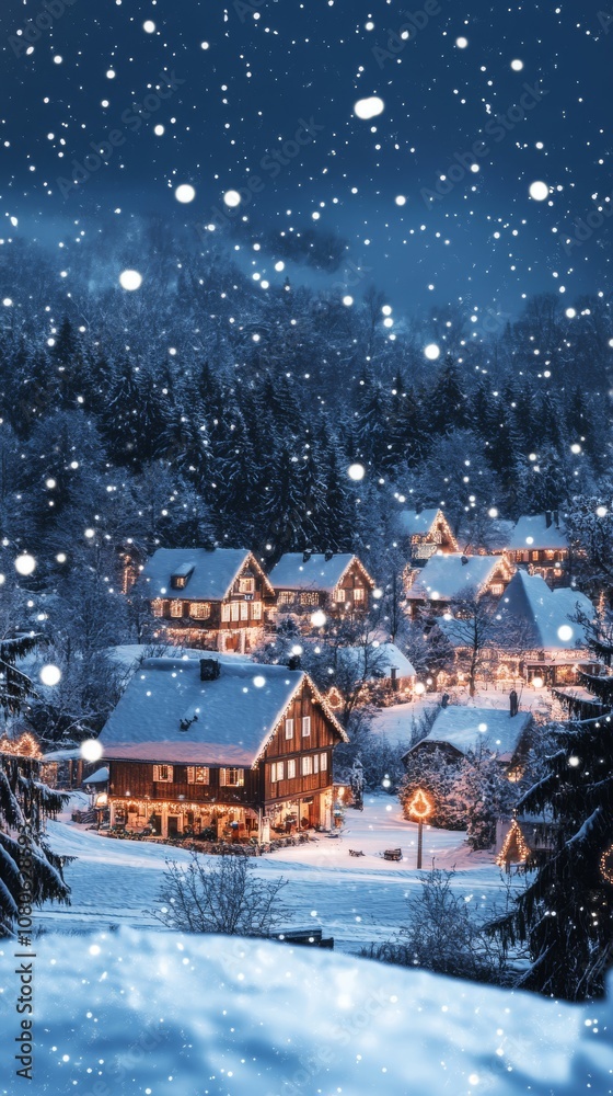 Fototapeta premium Picturesque snowy village illuminated by warm lights, creating a cozy winter atmosphere with gently falling snowflakes.