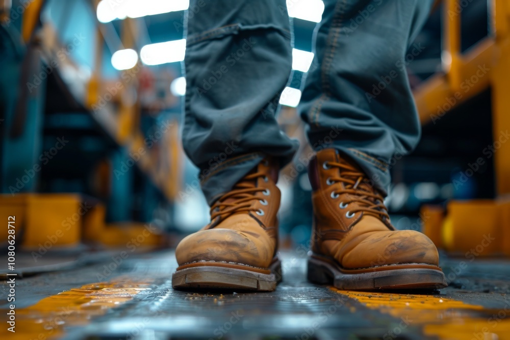 Close up of safety workers shoes in factory Close up of safety workers shoes in factory