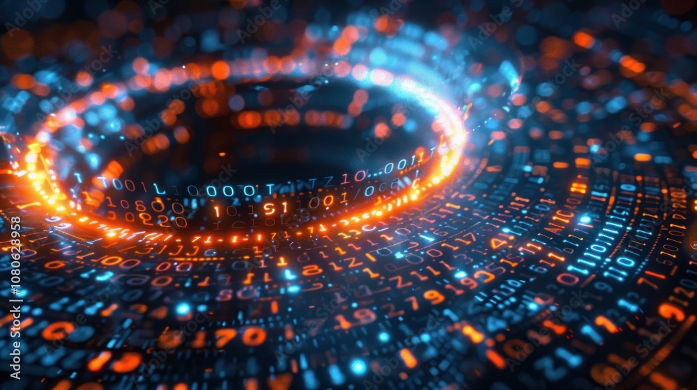 Abstract digital swirl with binary code and glowing rings. Abstract digital swirl with binary code and glowing rings.