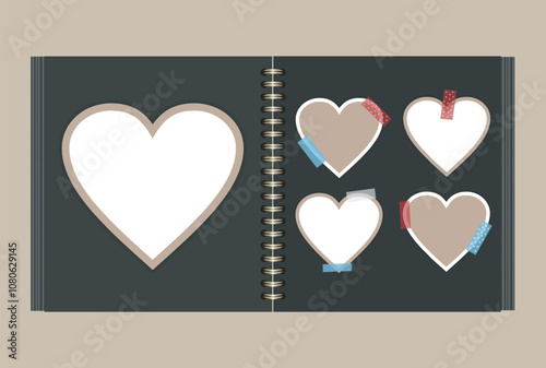 Open black photo album with hearts on sticky tape. Square album on golden metal spirals. Empty Beige and white hearts with frames. Vector realistic Mockup. Template. Photo card collage.