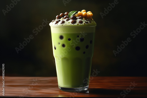 A cup of refreshing matcha bubble tea, vibrant green hue, frothy tea top, sweet azuki beans, tapioca pearls, soft natural lighting, on a minimalist wooden table