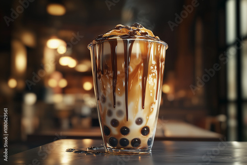 hot caramel bubble tea, dark caramel swirls, frothy milk cap, chewy pearls, served in a frosted glass, cool studio lighting, in an urban cafe setting photo