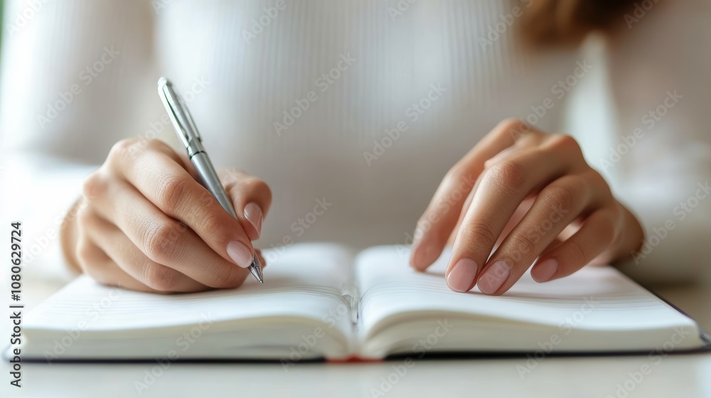 Woman writing notes in a notebook, focused and productive in a home or office setting. Capturing creativity, inspiration, and planning Woman writing notes in a notebook, focused and productive in a home or office setting. Capturing creativity, inspiration, and planning