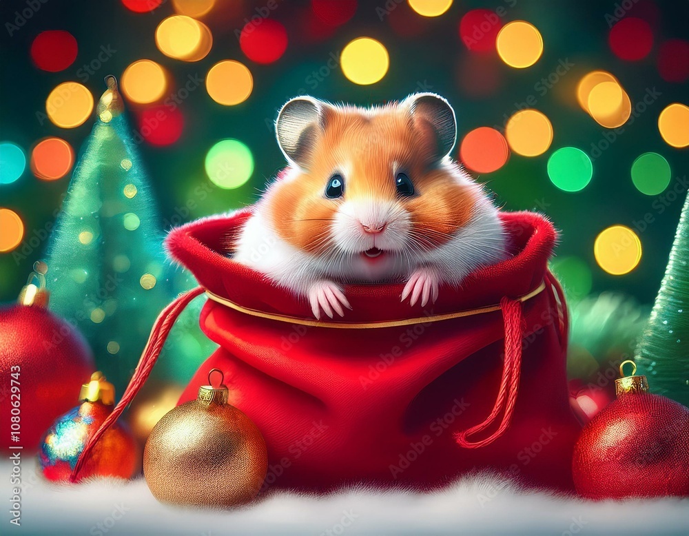 Obraz premium 赤いサンタの袋の中から、ちょこんと顔を出すハムスター。 小さな手で袋の端をつかんで、表情はキラキラとした瞳で楽しそう。 背景にはツリーやカラフルなオーナメントが飾られている