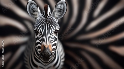 A zebra stares directly ahead, surrounded by a dynamic pattern of swirling black and white stripes, creating an illusionary and captivating visual effect.