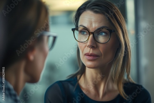 Middle aged professional businesswoman wearing glasses talking to colleague in office