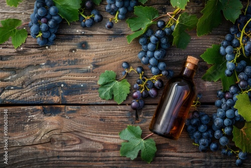 Bottle of resveratrol surrounded by fresh grapes photo