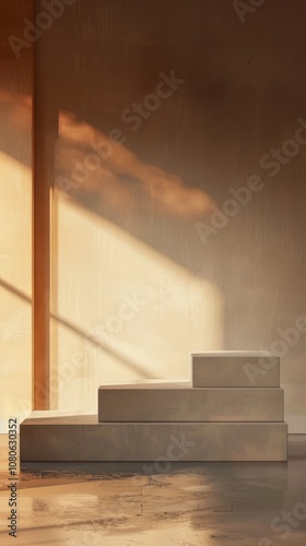 Sunlight casts shadows on a minimalist staircase in a warm-toned interior, creating a serene and modern ambiance.