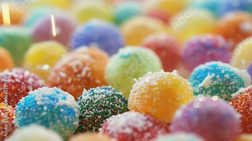 Ideal confectionery dessert celebratory themed videos 4K many-coloured colourful food children footage texture closeup slow motion lens probe detail small foreground background delicious white black