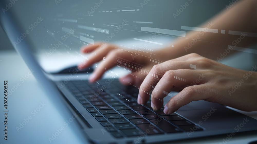 Hands skillfully typing on an elegant modern laptop keyboard. The arrows move with precision and speed, symbolizing efficiency and productivity with space for text. Hands skillfully typing on an elegant modern laptop keyboard. The arrows move with precision and speed, symbolizing efficiency and productivity with space for text.