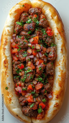 Deliciously prepared Gal Petsi Meat Beast is presented in a fluffy bun, topped with diced tomatoes, onions, and fresh herbs. Perfect for a hearty meal photo