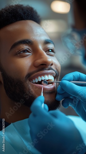 A man sits comfortably in a dental chair, smiling brightly as a dental professional examines his teeth. He appears relaxed during the routine check-up