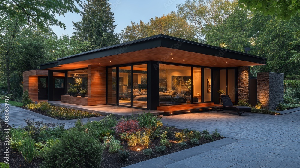 A modern architectural marvel nestled in a serene woodland setting, blending contemporary design with natural surroundings for an idyllic retreat A modern architectural marvel nestled in a serene woodland setting, blending contemporary design with natural surroundings for an idyllic retreat