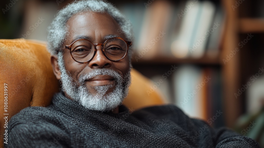 Elderly man with gray hair and beard wearing glasses, smiling softly, is seated comfortably in an armchair against a warm, blurred bookshelf background Elderly man with gray hair and beard wearing glasses, smiling softly, is seated comfortably in an armchair against a warm, blurred bookshelf background