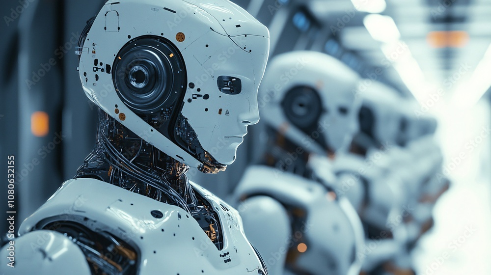 Fototapeta premium White robots standing in a row in futuristic factory setting