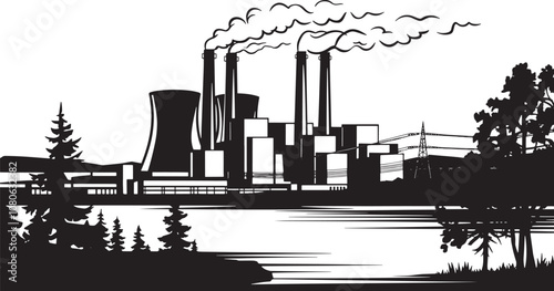 Power Station Silhouette Landscape Vector Illustration Graphic