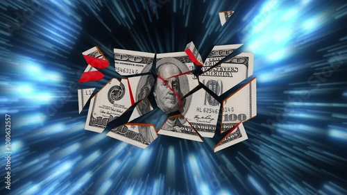 One hundred USA dollar bill falls on virtual computer board and crashing to pieces. Blockchain technology concept