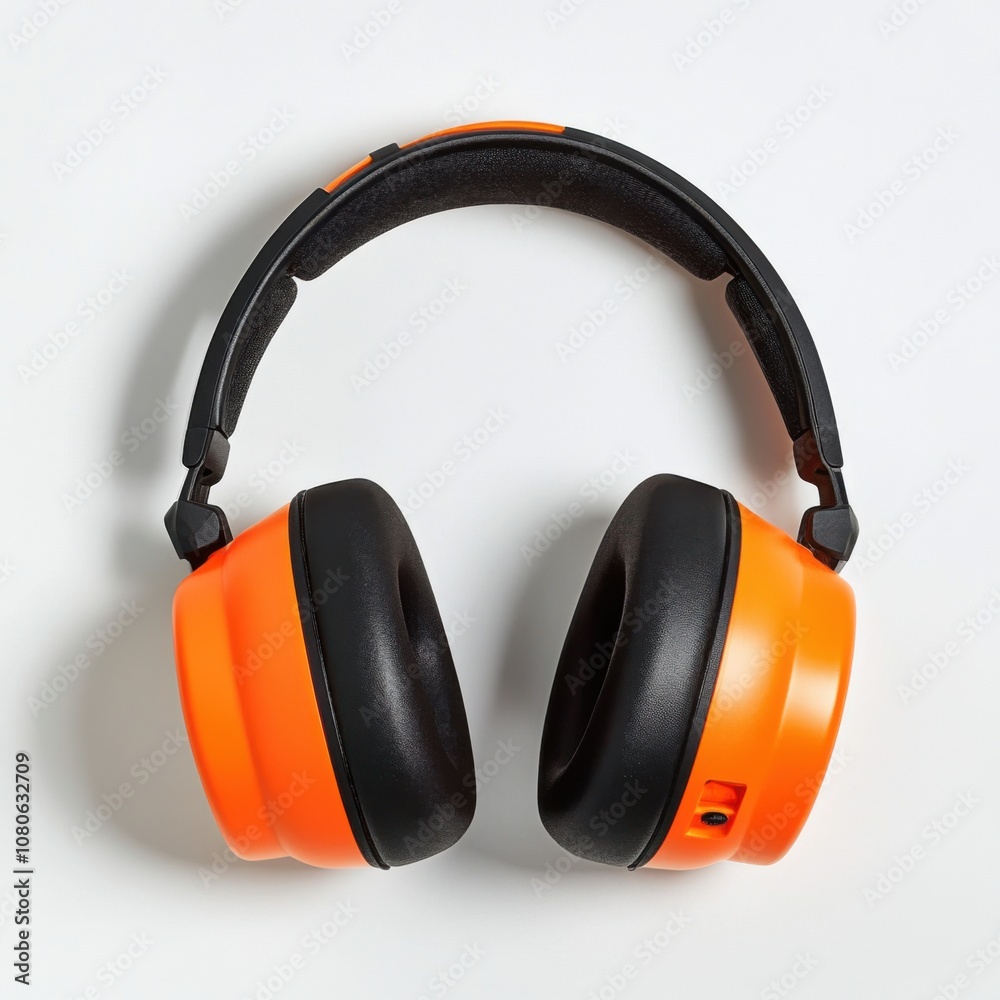 Bright orange headphones with black cushioning in a minimal studio setting