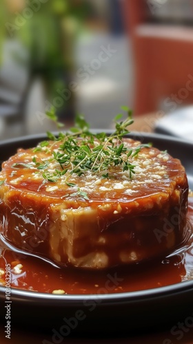 A torta ahogada is beautifully presented, completely immersed in rich sauce and garnished with fresh herbs, representing traditional Mexican cuisine photo