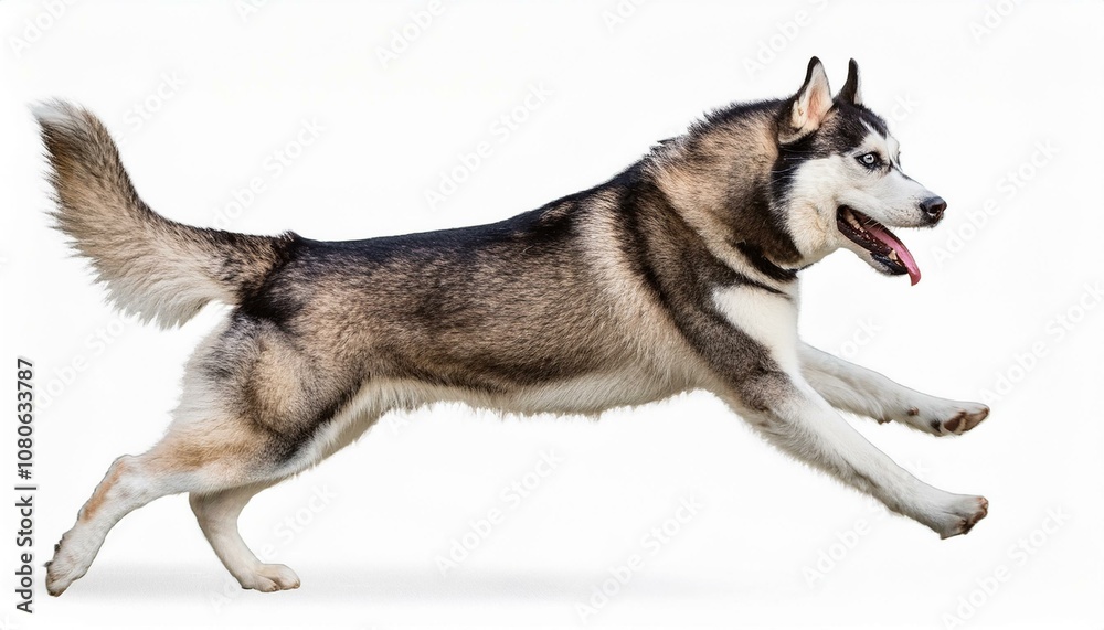 A playful Siberian Husky running gracefully on white background a white background. A playful Siberian Husky running gracefully on white background a white background.