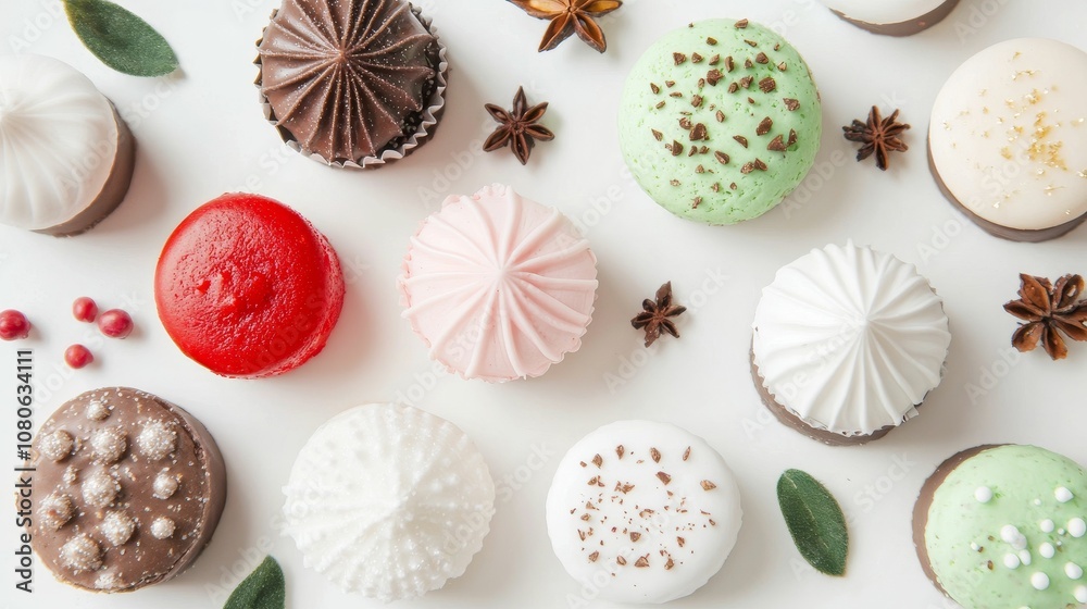 Christmas cookies whipped concept, An array of beautifully decorated meringue cookies in various colors and flavors, garnished with spices and leaves, creating an appetizing display. Christmas cookies whipped concept, An array of beautifully decorated meringue cookies in various colors and flavors, garnished with spices and leaves, creating an appetizing display.