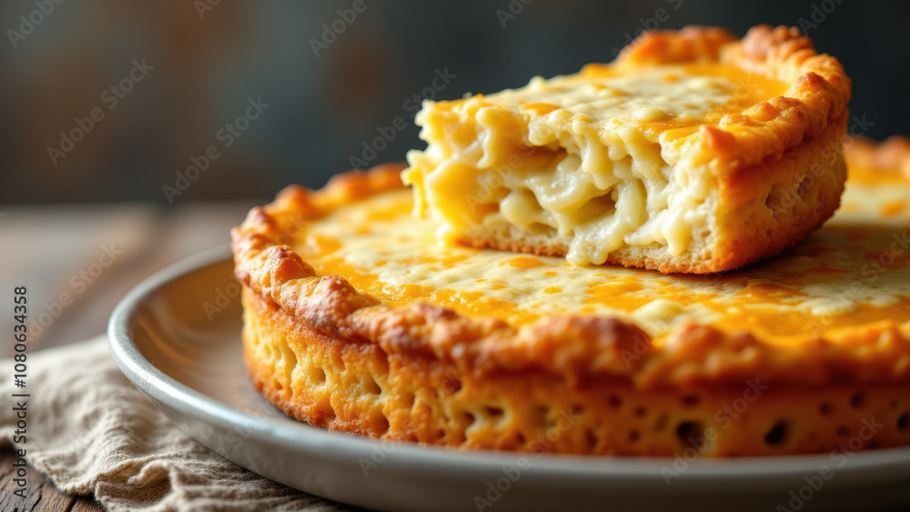 A delicious, baked Kunafa dessert with melted cheese on top, sitting on a plate. A delicious, baked Kunafa dessert with melted cheese on top, sitting on a plate.