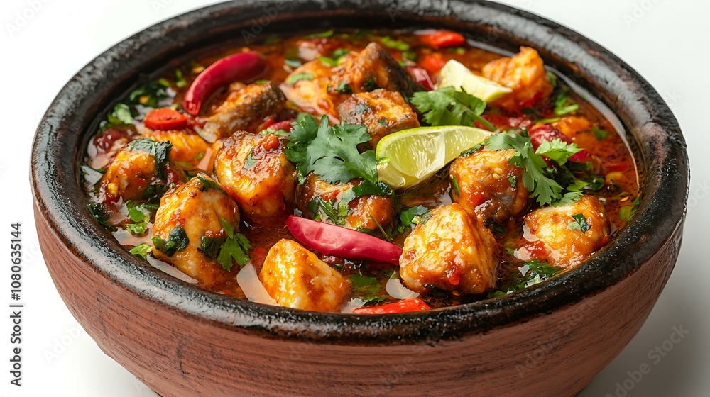 Fototapeta premium Brazilian moqueca fish stew in a clay pot, isolated on white background