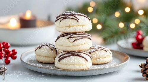 Christmas cookies whipped concept, A stack of delicious, cream-filled cookies topped with chocolate, surrounded by seasonal decor and warm candlelight.