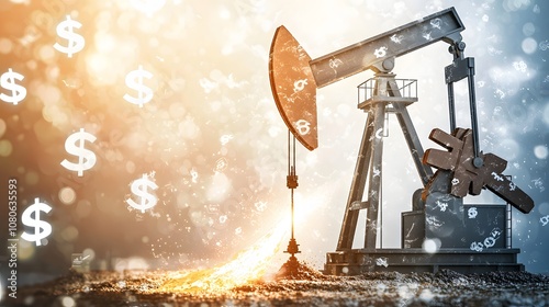 Oil well gushing oil mixed with dollar signs.  photo