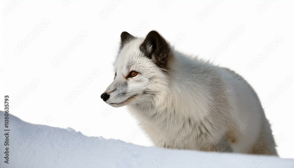 A majestic arctic fox standing on snowy terrain, showcasing resilience a white background. A majestic arctic fox standing on snowy terrain, showcasing resilience a white background.