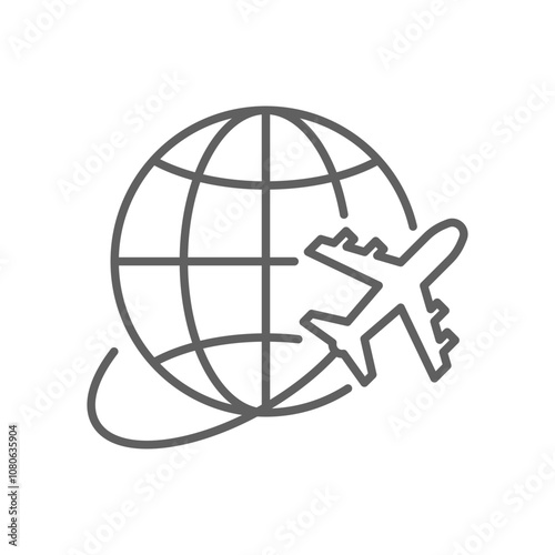 Globe plane icon. Simple outline style. Travel around the world, airplane, world map, globe, round, circle, transportation concept. Thin line symbol. Vector illustration isolated. Editable stroke.