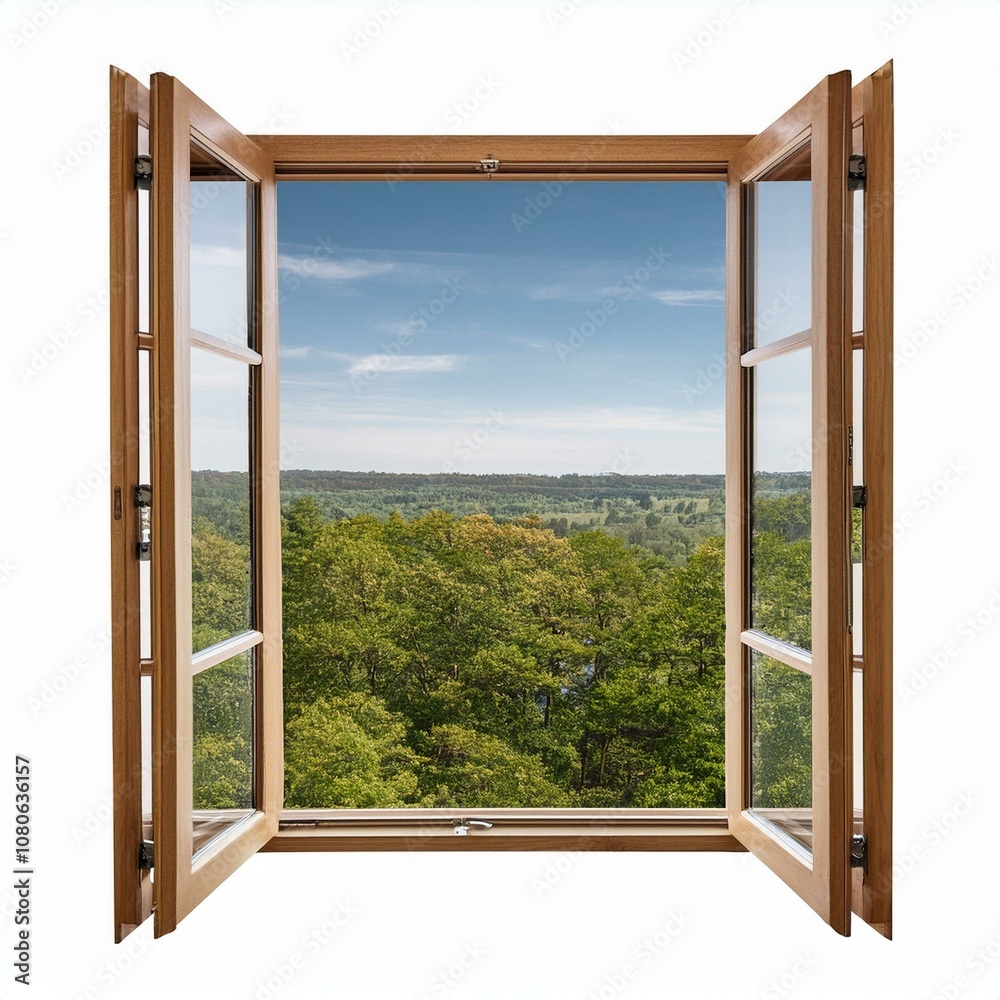A serene view of lush greenery through an open window a white background. A serene view of lush greenery through an open window a white background.
