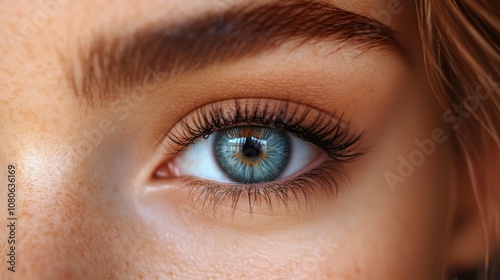 Close-up image of a human eye showcasing intricate blue iris patterns and long eyelashes, taken in natural light, highlighting detailed textures and color variations in the surrounding skin