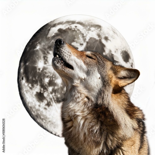 A majestic wolf howling at a full moon in a night sky a white background. photo