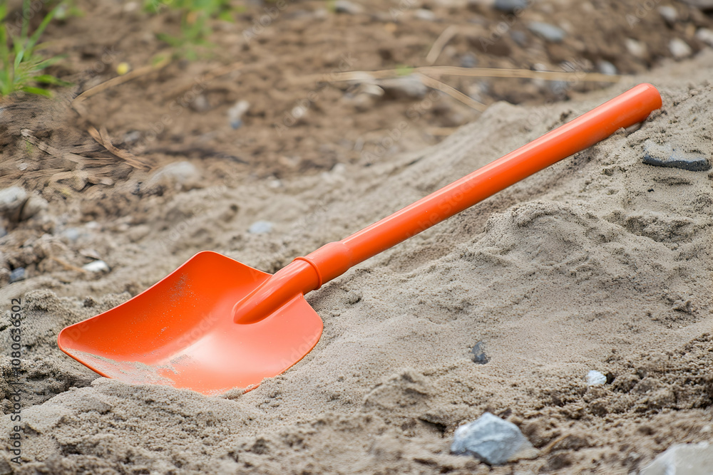 A bright orange plastic shovel laying in a pile of sand. A bright orange plastic shovel laying in a pile of sand.