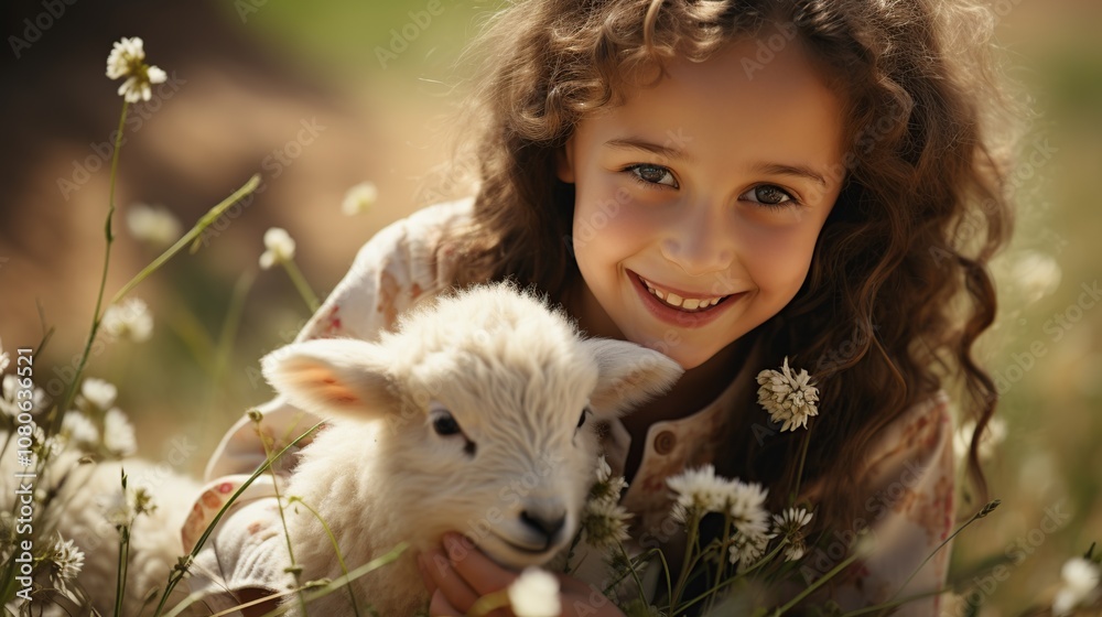 A young girl with curly hair smiles brightly as she holds a fluffy white lamb in a field of wildflowers. A young girl with curly hair smiles brightly as she holds a fluffy white lamb in a field of wildflowers.