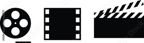 Film reel icon, movie strip symbol, clapperboard silhouette, black and white, minimalist design, cinematic elements, film industry motifs, graphic icons