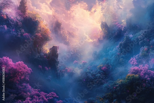 Wallpaper Mural Mystical Mountain Range with a Glowing Sky and Lush Foliage Torontodigital.ca