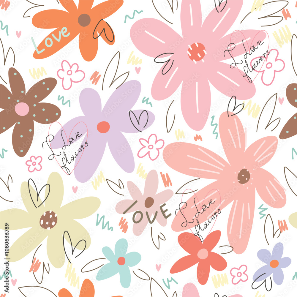 Seamless children's pattern with magical flowers, doodle. Seamless background with creative decorative flowers with words I love flowers. Seamless children's pattern with magical flowers, doodle. Seamless background with creative decorative flowers with words I love flowers.