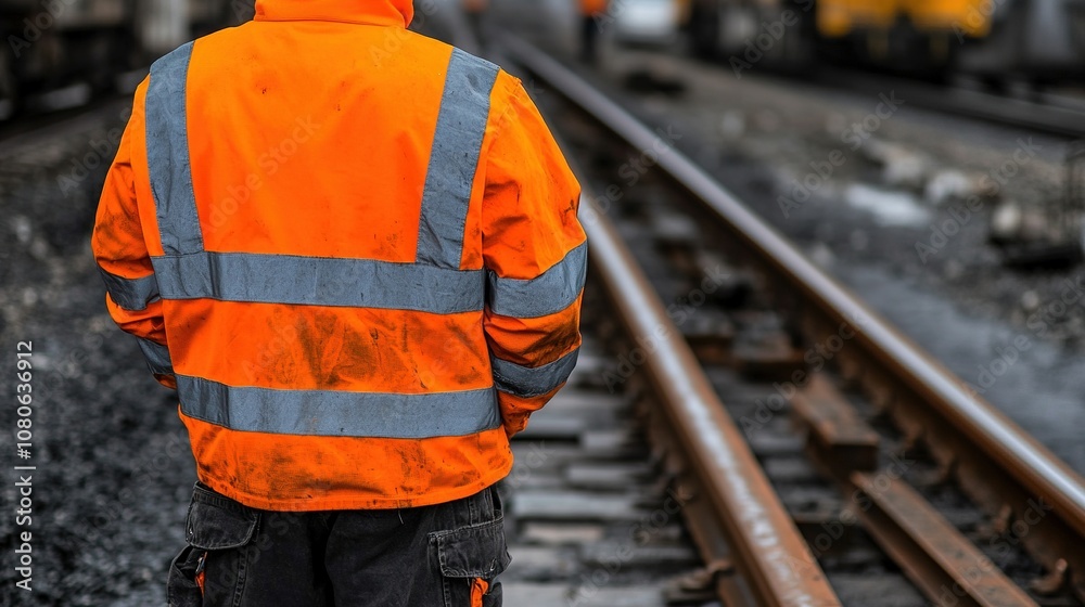 Worker in High Visibility Jacket Standing Near Railroad Tracks, Engaged in Safety Practices While Overseeing Train Operations in Industrial Setting Worker in High Visibility Jacket Standing Near Railroad Tracks, Engaged in Safety Practices While Overseeing Train Operations in Industrial Setting
