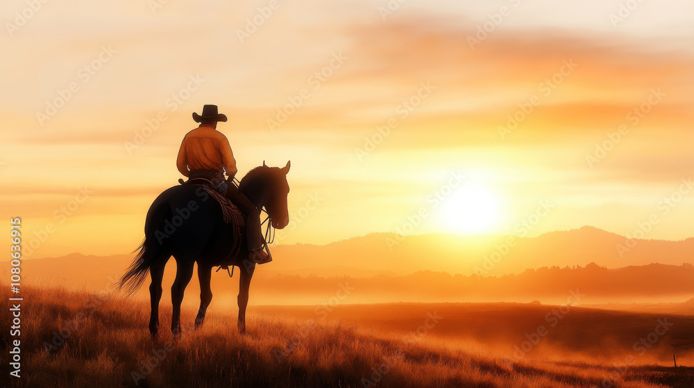 cowboy on horse at sunset, capturing serene moment in nature cowboy on horse at sunset, capturing serene moment in nature