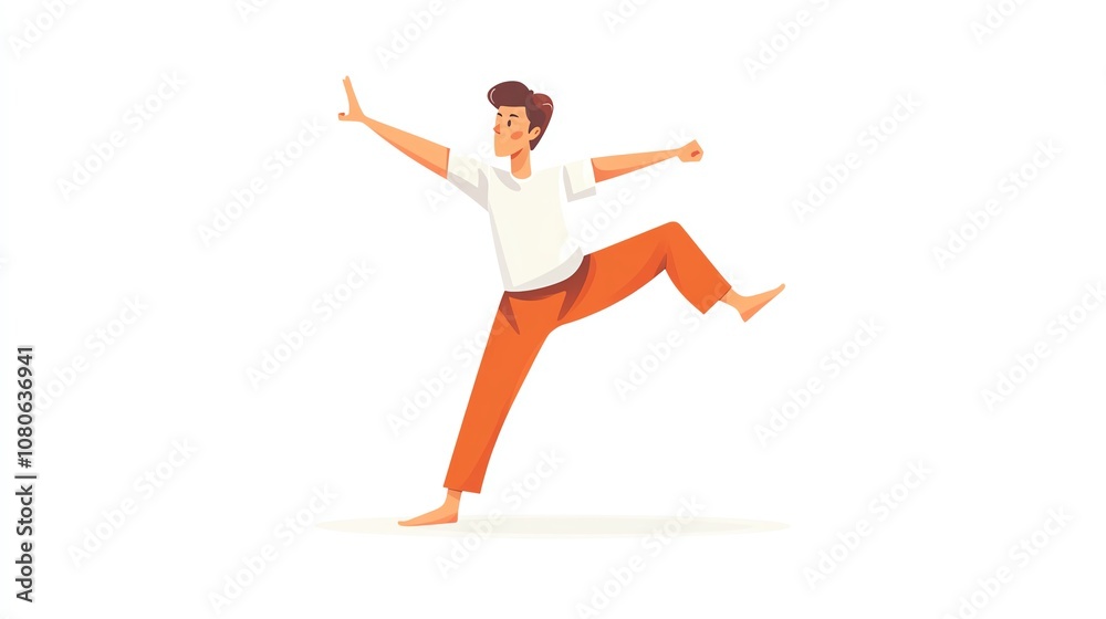 a 2D cartoon illustration of a person balancing on one leg, practicing balance and strength, white background--ar 16:9 a 2D cartoon illustration of a person balancing on one leg, practicing balance and strength, white background--ar 16:9