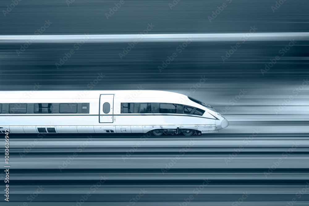 High speed train runs on rail tracks - Train in motion High speed train runs on rail tracks - Train in motion